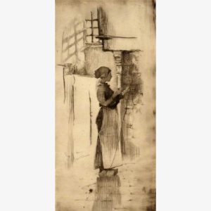Sepia-toned sketch of a woman in a long dress and hat standing beside a wall, conveying a quiet, contemplative mood in an old city setting.