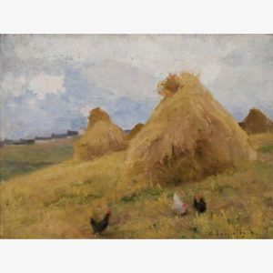 Oil painting of golden haystacks in a rural field, with small workers gathering hay beneath a soft blue-gray sky; peaceful pastoral mood.