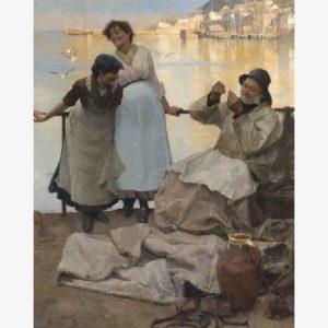 A tranquil seaside painting shows two women and a seated fisherman by the shore, with boats, gulls, and a sunlit coastal village behind them.