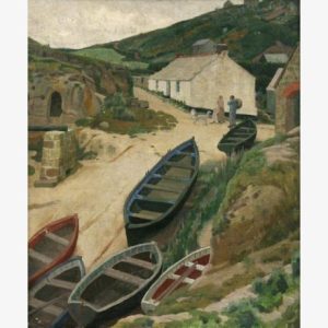 Painting of a quiet coastal village with rowboats on a sandy shore, stone cottages, green hills, and two people in a peaceful scene.