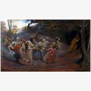 Historical painting of villagers rushing through a shadowy forest toward a solitary figure, creating a dramatic, tense atmosphere.