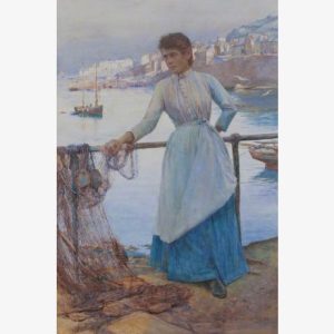 Painting of a calm woman in a blue dress and apron mending fishing nets on a harbor pier, with boats and a coastal village behind her.