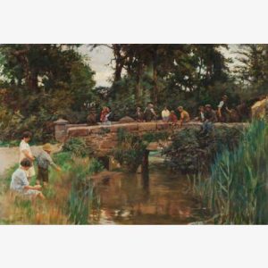 Impressionist-style painting of people gathered on a stone bridge over a pond, with children by the reeds and lush trees creating a tranquil mood.