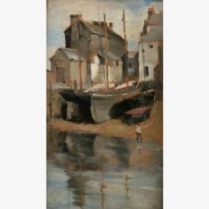 Impressionist harbor scene with fishing boats, weathered buildings, and a child by the water; muted colors and reflections create a quiet mood.