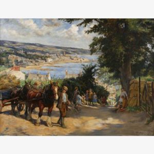 Impressionist painting of a horse-drawn wagon and villagers on a sunlit riverside road, with a broad valley, town, and mountains beyond.