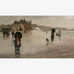 A muted rainy riverside promenade, with umbrella-carrying pedestrians, a woman and dog in the foreground, historic buildings, and reflective pavement.