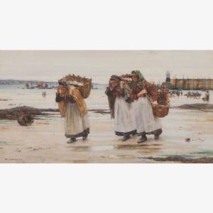 Watercolor painting of three bundled women carrying baskets across a snowy shoreline, with boats, harbor buildings, and a wintry, somber mood.