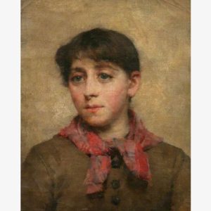 Oil portrait of a young woman with dark hair, wearing a red scarf and brown coat, gazing thoughtfully against a warm, muted background.
