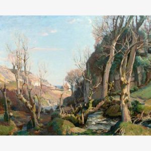 Landscape painting of a winding stream through a leafless woodland, with mossy rocks, tall trees, distant hills, and a calm blue sky.