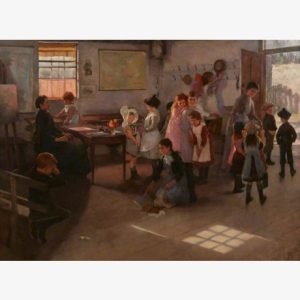 Warm-toned painting of a lively classroom, with children learning, playing, and gathering around a teacher in sunlight.