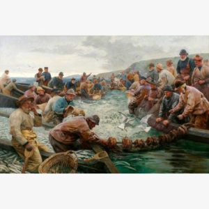 Historical painting of fishermen hauling a massive net from choppy sea waters, surrounded by boats and laborers under a cloudy sky.