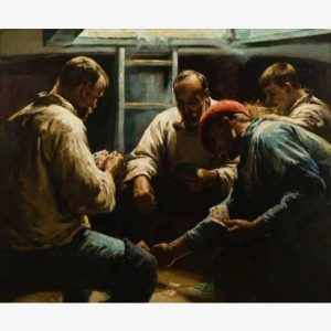 A somber painting shows four men tending an injured person in a dim room, with worn clothing, clasped hands, and warm, dramatic shadows.
