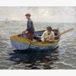 Impressionist painting of two fishermen in a blue-and-yellow rowboat on choppy water, one standing and one rowing beneath a hazy sky.