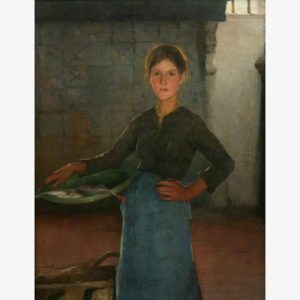 Portrait of a young woman in a dark blouse and blue apron, standing in a rustic kitchen beside a basin, with a calm, serious expression.