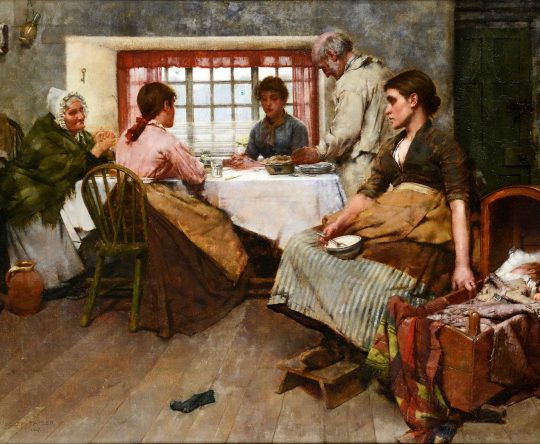 An oil painting shows a family in a rustic room; a woman sits by a wooden cradle while others gather around a table for a meal near a window.