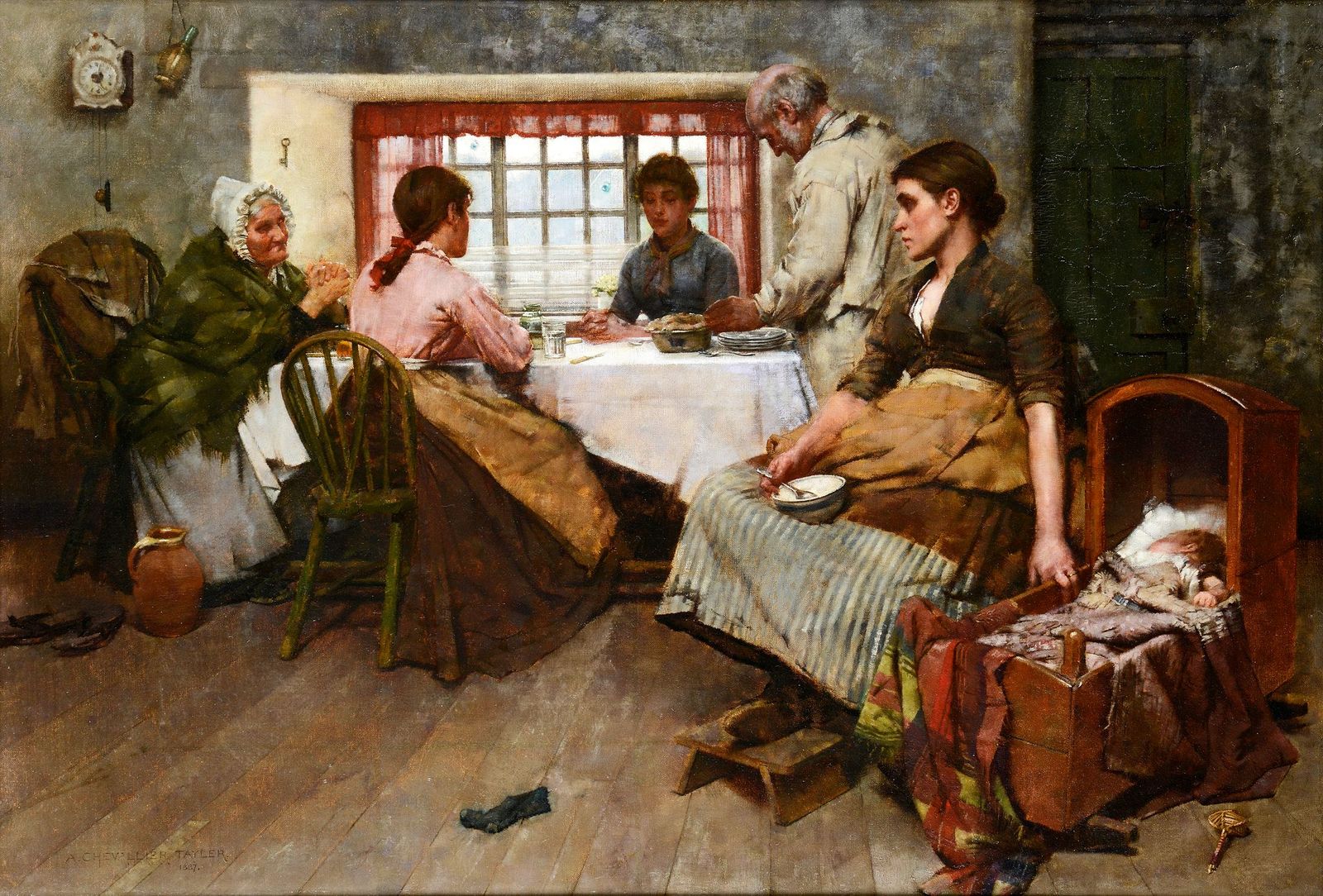 An oil painting shows a family in a rustic room; a woman sits by a wooden cradle while others gather around a table for a meal near a window.