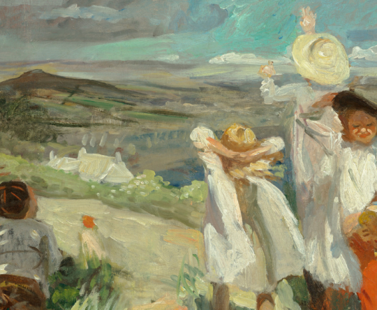 An impressionist painting of children in a grassy field looking toward a rainbow over a hillside.