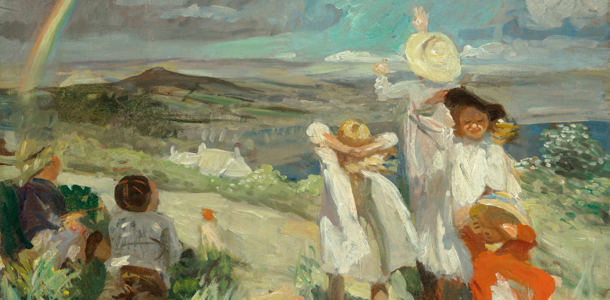 An impressionist painting of children in a grassy field looking toward a rainbow over a hillside.