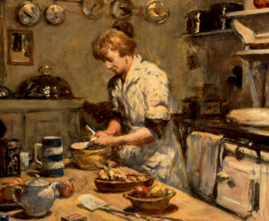 A woman prepares food at a kitchen table while an adult and child sit by the window; warm, rustic domestic scene filled with dishes and bread.