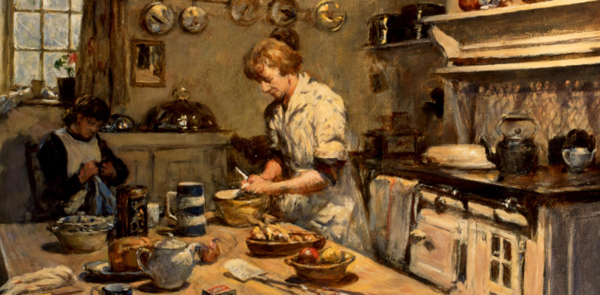 A woman prepares food at a kitchen table while an adult and child sit by the window; warm, rustic domestic scene filled with dishes and bread.