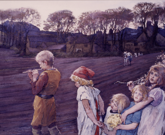 A young boy plays a flute while leading four children across a field toward a distant figure with a horse.