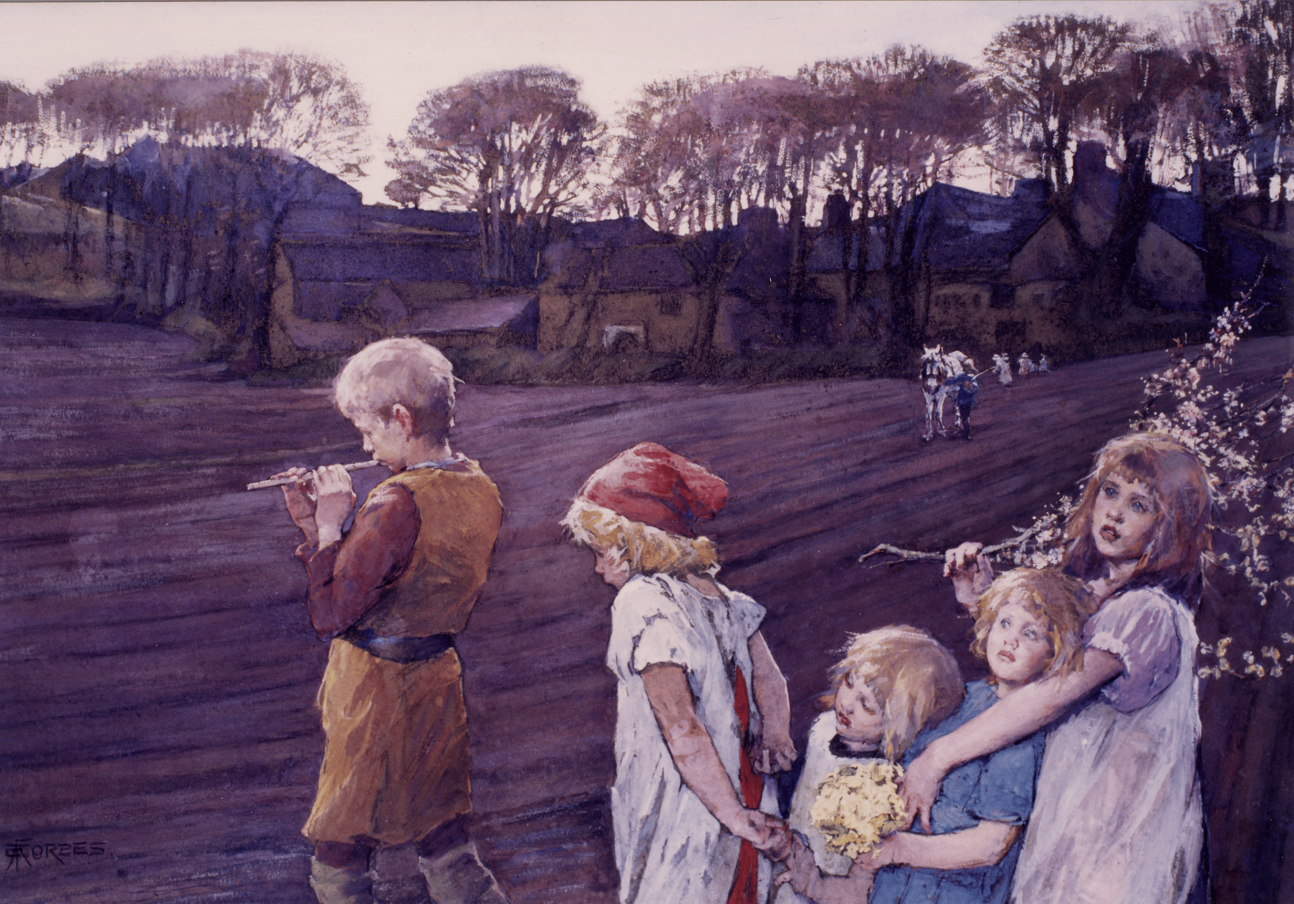 A young boy plays a flute while leading four children across a field toward a distant figure with a horse.